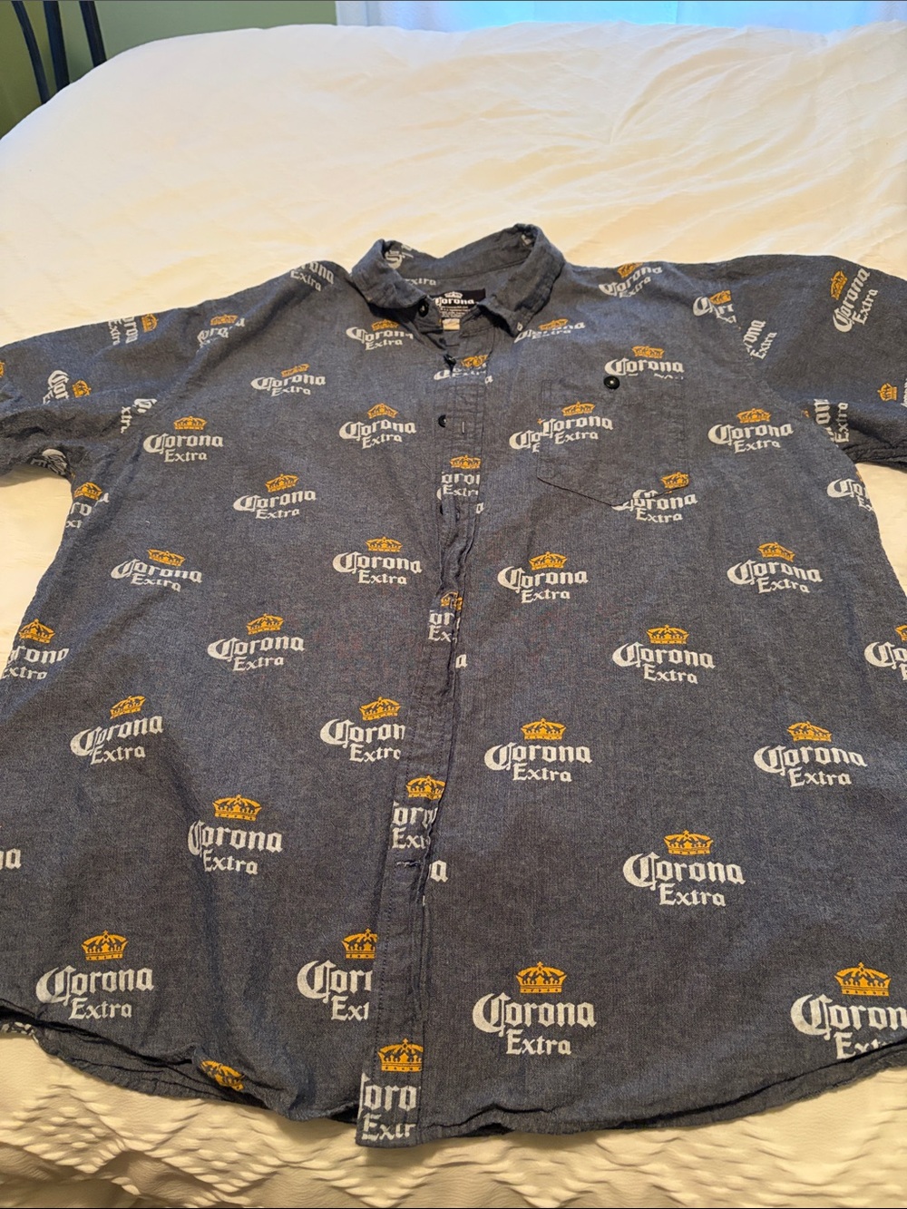 Corona Navy Button-Down Shirt with Yellow Logo Print